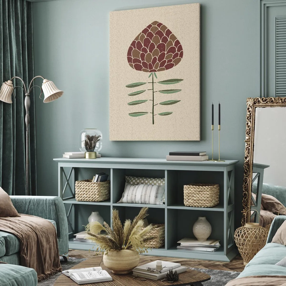 Obraz na płótnie - Geometryczna ilustracja kwiatu w odcieniach czerwieni i zieleni na beżowym tle - 50x70cm - Jak wielka szycha - Nowoczesna dekoracja ścienna do salonu, kuchni i sypialni ARTTOR