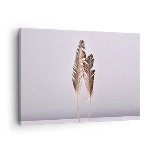 Obraz na płótnie - Delikatne pióra na jasnym tle w minimalistycznym stylu - 70x50cm - Przeciw nicości - Nowoczesna dekoracja ścienna do salonu i sypialni ARTTOR