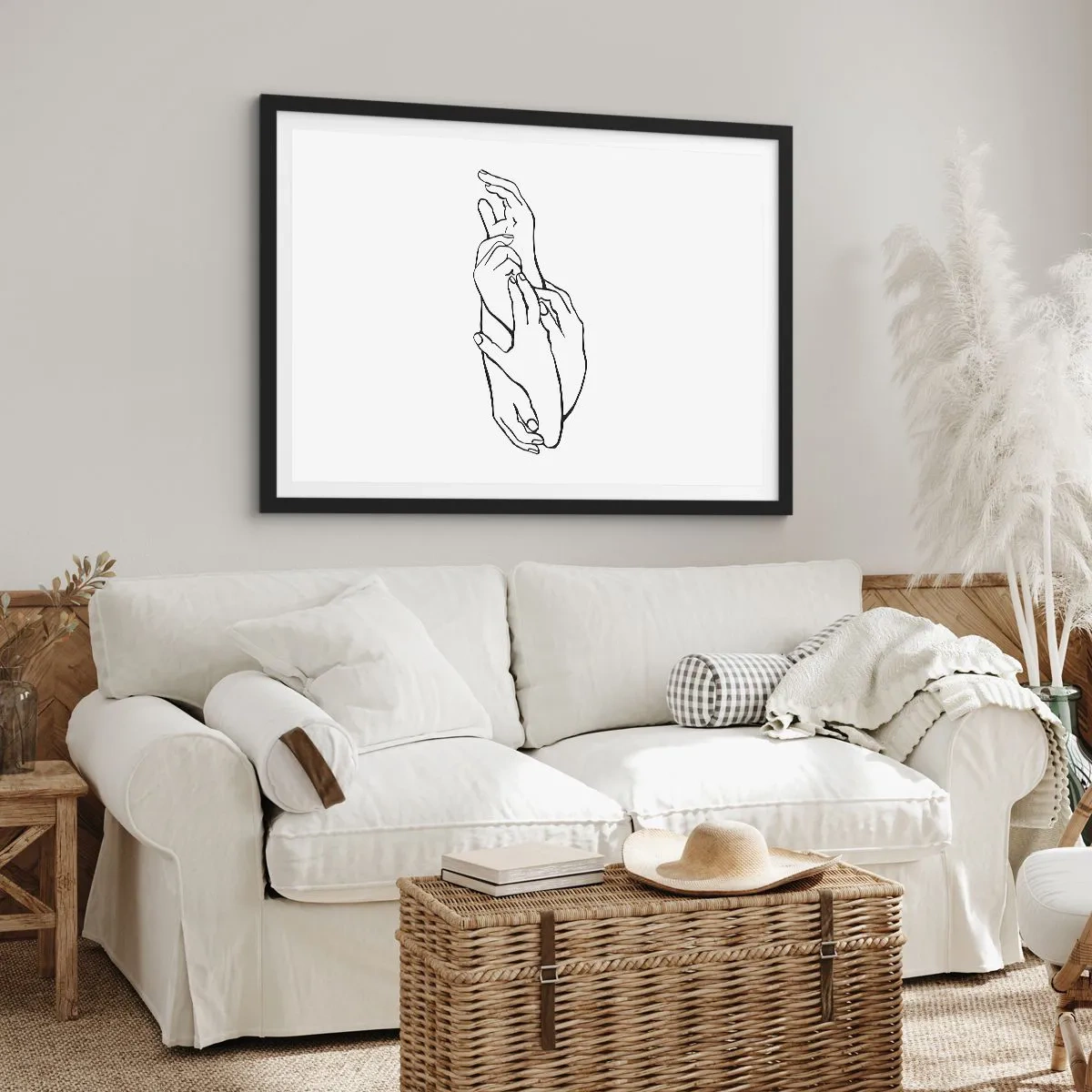 Plakat w czarnej ramie - Minimalistyczny szkic dłoni splecionych w geście delikatności - 100x70cm - Dobry dotyk - Nowoczesna dekoracja ścienna do salonu i sypialni ARTTOR