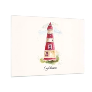 Obraz na szkle - Akwarelowa latarnia morska z napisem Lighthouse - 70x50cm - Wokół zawsze pogoda - Nowoczesna dekoracja ścienna do salonu i sypialni ARTTOR