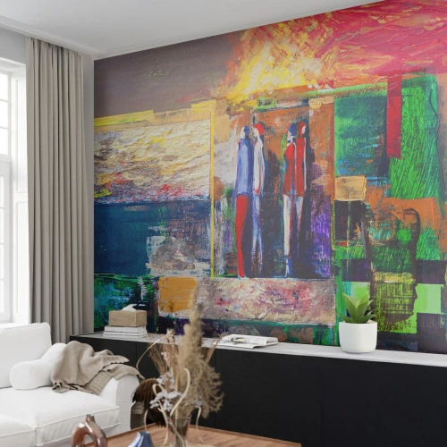 Fototapeta Premium Canvas - Abstrakcyjna kompozycja z postaciami i geometrycznymi wzorami - 100x70cm - Relacje i emocje - Nowoczesna dekoracja ścienna do salonu i sypialni ARTTOR