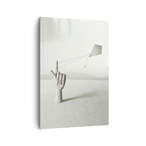 Obraz na płótnie - Minimalistyczna ręka drewniana z latawcem na tle pejzażu - 70x100cm - Próba sił - Nowoczesna dekoracja ścienna do salonu i sypialni ARTTOR