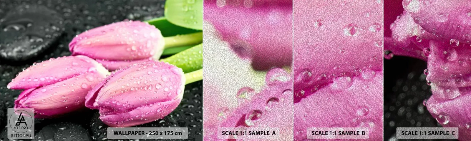 Fototapeta Próbka Premium Sand - Liliowa trójka na czarnym kamieniu - Kwiaty, Tulipany, Bukiet Kwiatów - 100x30 cm