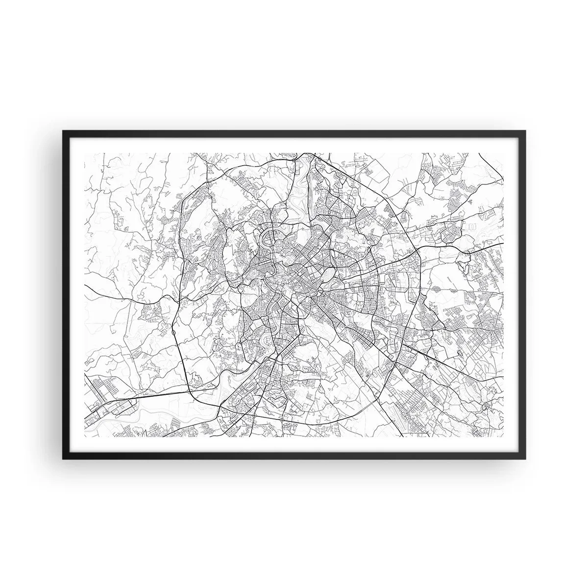 Plakat w czarnej ramie - Miejska mapa w stylu minimalistycznym z delikatnymi liniami - 100x70cm - Rzymski krąg - Nowoczesna dekoracja ścienna do salonu i sypialni ARTTOR