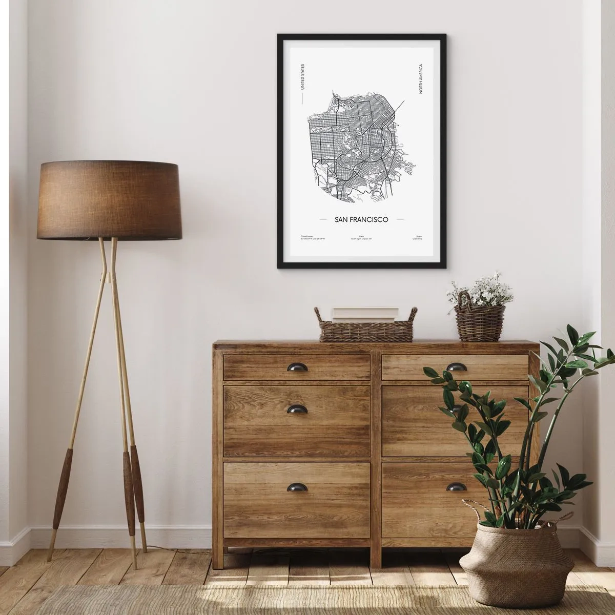 Plakat w czarnej ramie - Minimalistyczna mapa San Francisco w czarno-białej tonacji - 50x70cm - Anatomia San Francisco - Nowoczesna dekoracja ścienna do salonu i sypialni ARTTOR