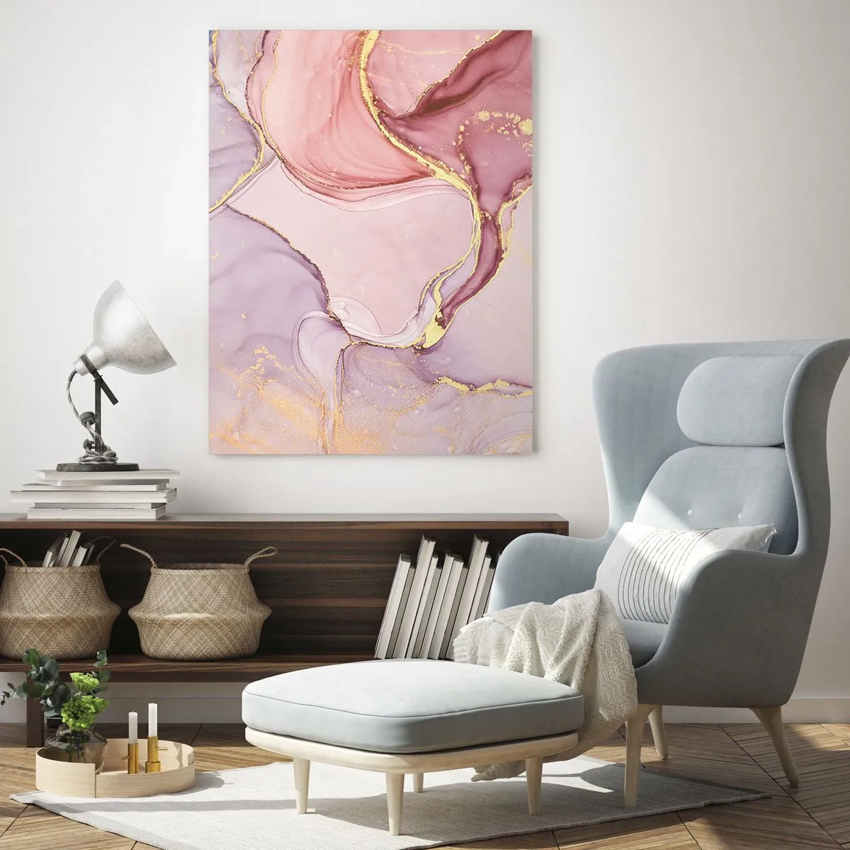 Obraz na szkle - Abstrakcyjna kompozycja w odcieniach różu i złota - 50x70cm - Pieszczota barw - Nowoczesna dekoracja ścienna do salonu, kuchni i sypialni ARTTOR