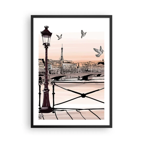 Plakat w czarnej ramie - Ilustracja Paryża o zachodzie słońca z latarnią i mostem - 50x70cm - Nad dachami Paryża - Nowoczesna dekoracja ścienna do salonu i sypialni ARTTOR