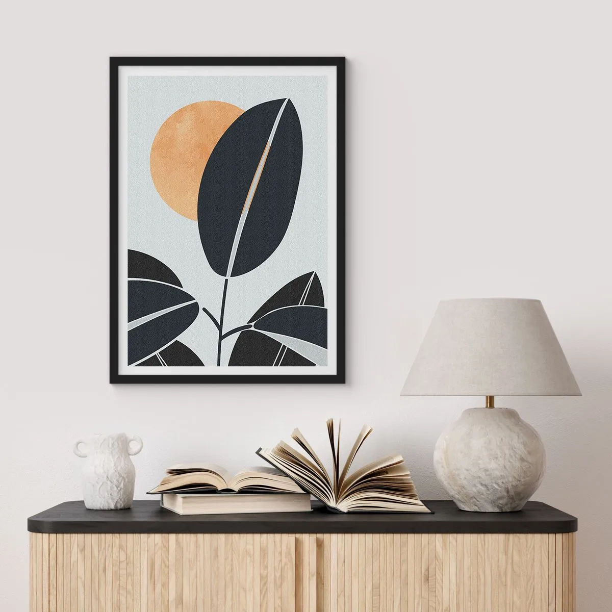Plakat w czarnej ramie - Minimalistyczna kompozycja liści na tle słońca - 50x70cm - Dzień gorącego lata - Nowoczesna dekoracja ścienna do salonu i sypialni ARTTOR
