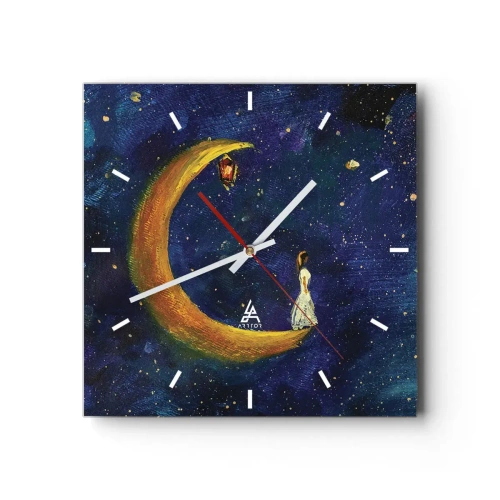 Zegar ścienny - Dziewczyna stojąca na księżycu w rozgwieżdżonym niebie - 30x30cm - Wołanie świata - Nowoczesna dekoracja ścienna do salonu i sypialni ARTTOR
