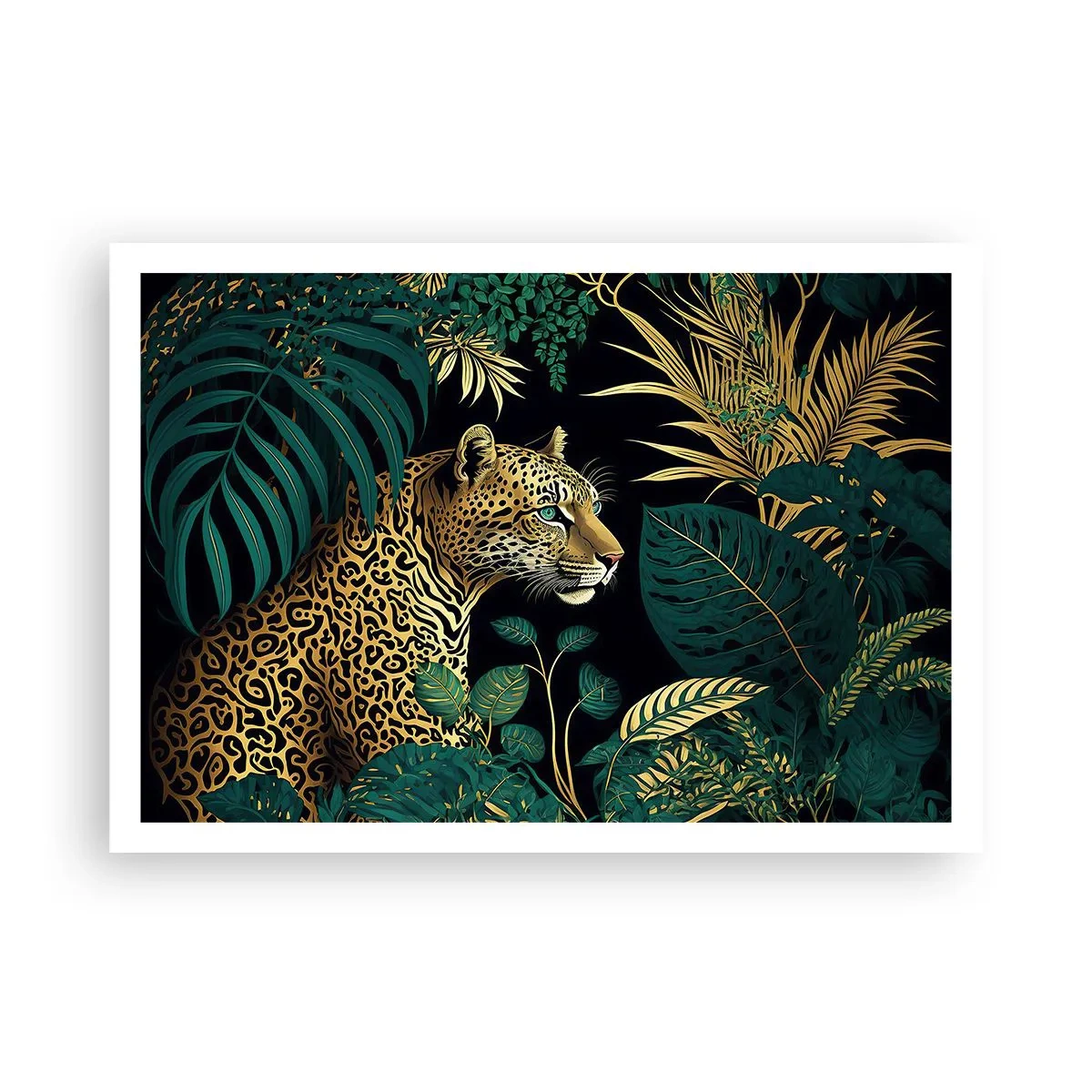 Plakat - Leopard w tropikalnych liściach na czarnym tle - 100x70cm - Gospodarz w dżungli - Nowoczesna dekoracja ścienna do salonu i sypialni ARTTOR