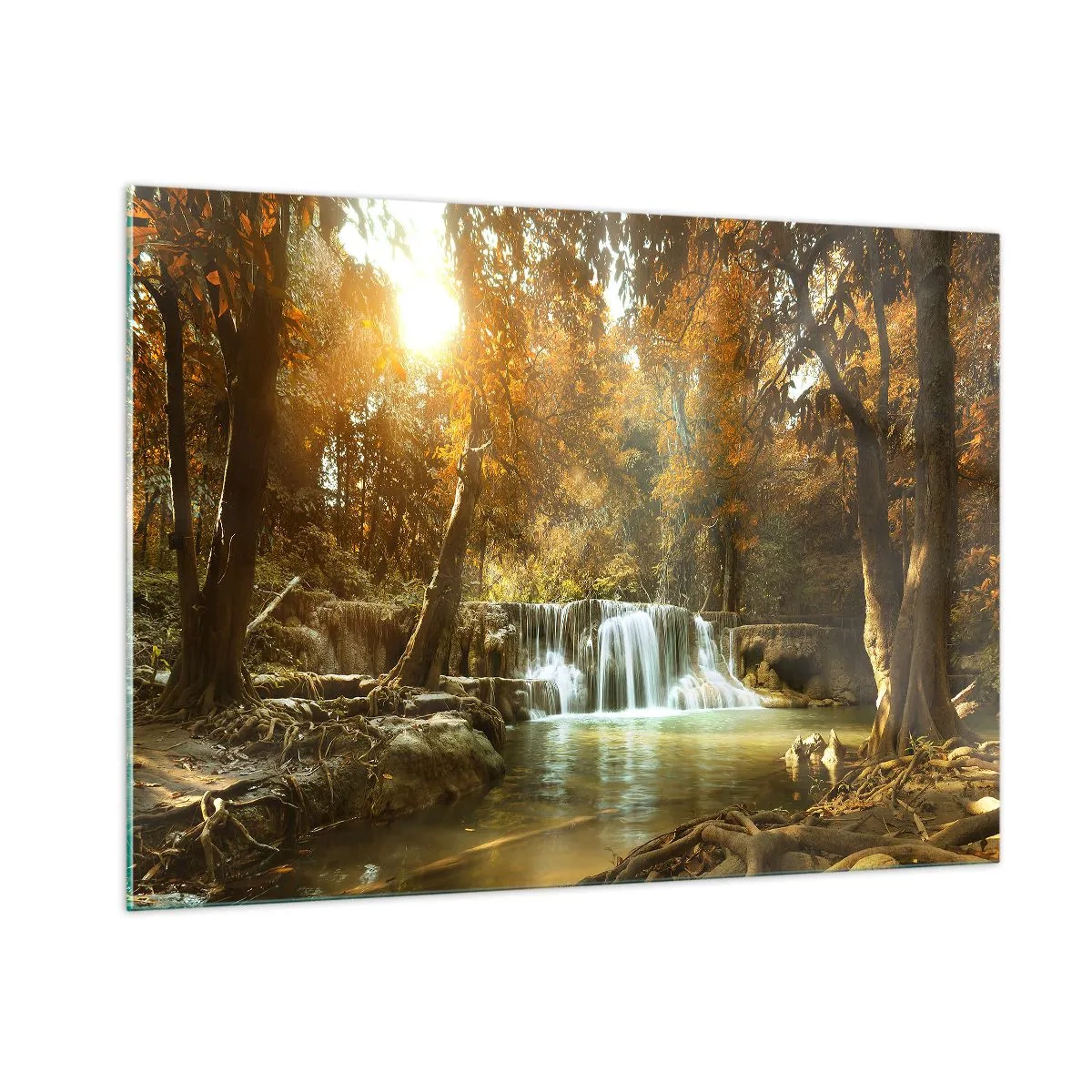 Obraz na szkle - Wodospad w parku otoczonym drzewami w jesiennych barwach - 100x70cm - Parkowa kaskada - Nowoczesna dekoracja ścienna do salonu, kuchni i sypialni ARTTOR