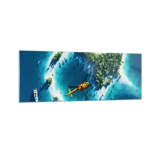 Obraz na szkle - Tropikalna wyspa otoczona turkusową wodą z widocznym helikopterem - 140x50cm - Kup sobie wyspę - Nowoczesna dekoracja ścienna do salonu i sypialni ARTTOR