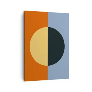 Obraz na płótnie - Geometryczna kompozycja z kołem na podzielonym tle w kolorach pomarańczowym i niebieskim - 50x70cm - Kompozycja ciepła i chłodu - Nowoczesna dekoracja ścienna do salonu, kuchni i sypialni ARTTOR