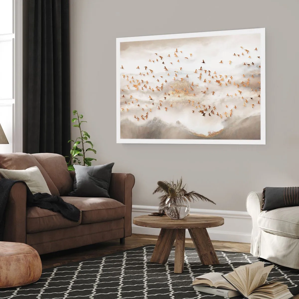 Plakat - Złote ptaki na tle mglistych gór - 100x70cm - Już czas… - Nowoczesna dekoracja ścienna do salonu i sypialni ARTTOR