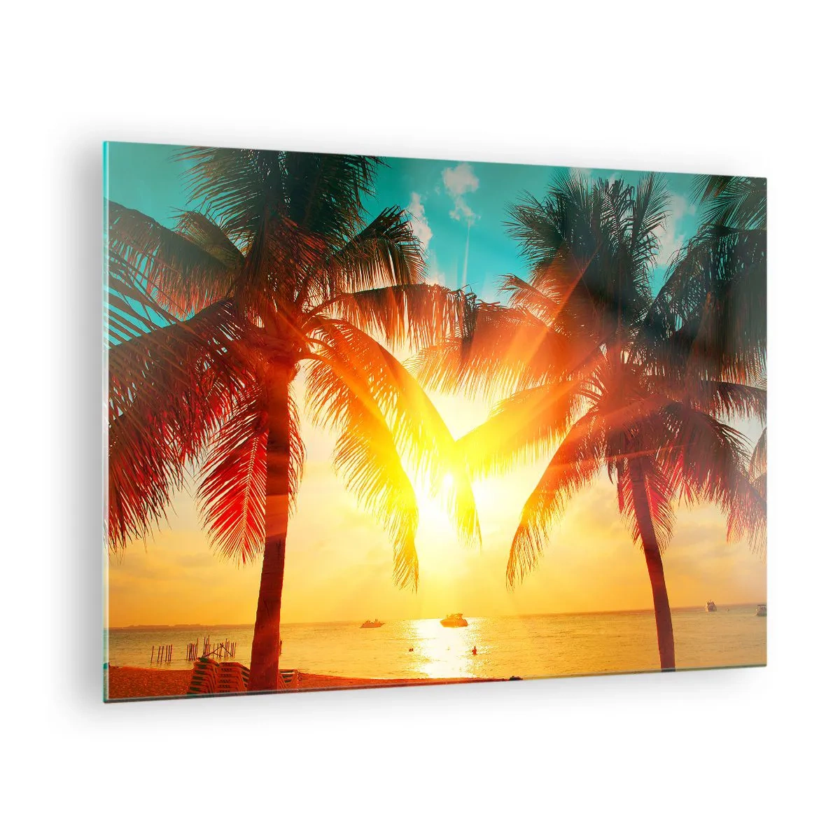 Obraz na szkle - Palmy oświetlone słońcem nad tropikalną plażą - 70x50cm - Egzotyczna para - Nowoczesna dekoracja ścienna do salonu i sypialni ARTTOR