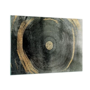 Obraz na szkle - Przekrój pnia drzewa z detalem i złotymi akcentami - 100x70cm - Zmiana i trwanie - Nowoczesna dekoracja ścienna do salonu, kuchni i sypialni ARTTOR