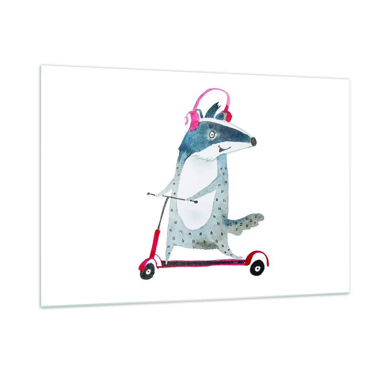 Obraz na szkle - Borsuk w słuchawkach na hulajnodze w stylu akwareli - 120x80cm - Borsucze radości - Nowoczesna dekoracja ścienna do salonu, kuchni i sypialni ARTTOR