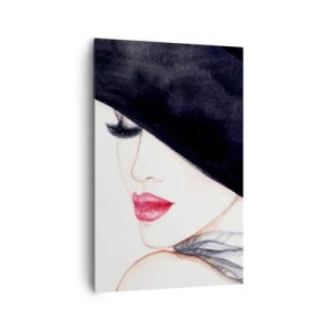 Obraz na płótnie - Subtelna ilustracja kobiety w czarnym kapeluszu z czerwonymi ustami - 80x120cm - Elegancja i zmysłowość - Nowoczesna dekoracja ścienna do salonu i sypialni ARTTOR
