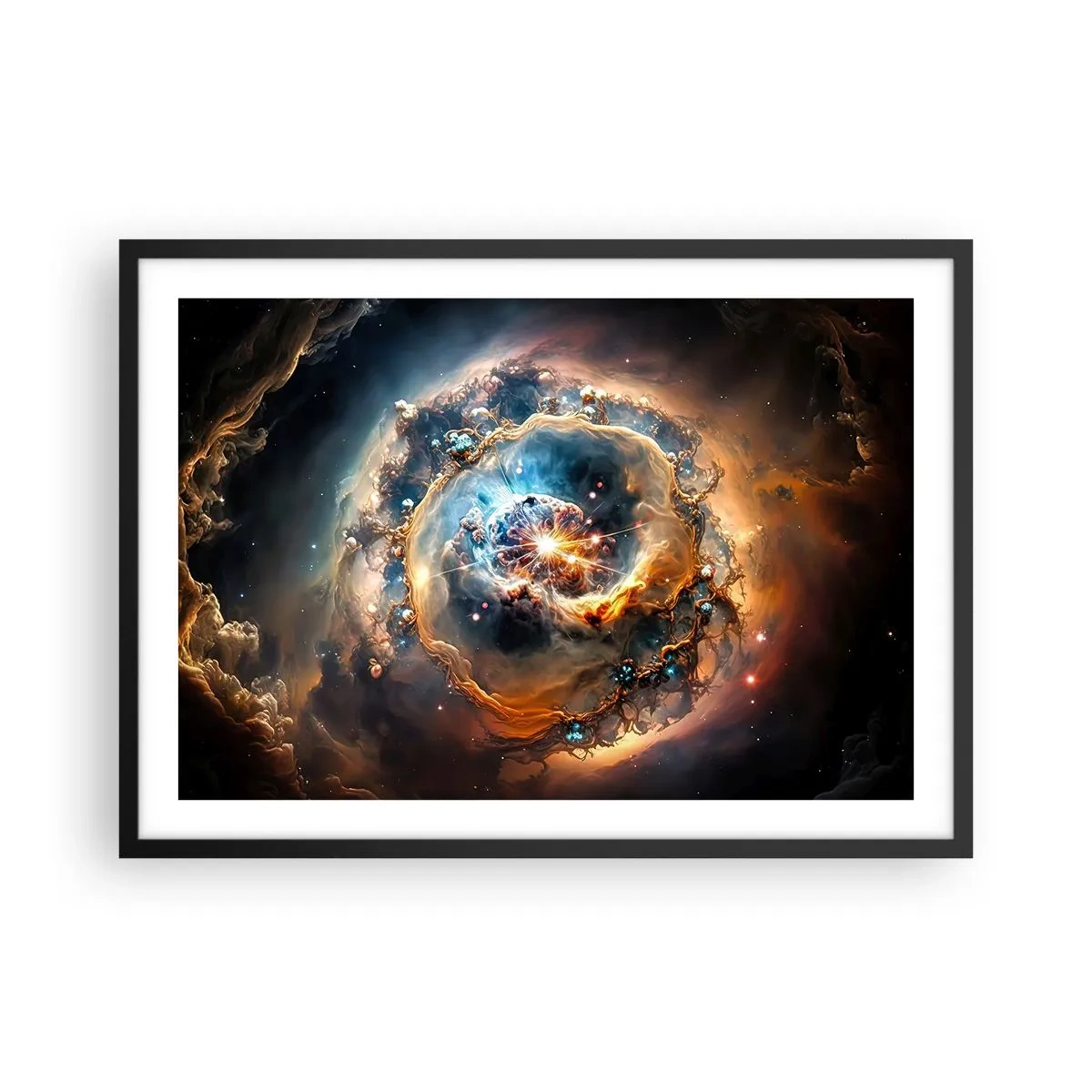 Plakat w czarnej ramie - Abstrakcyjna wizja kosmicznej eksplozji w odcieniach złota i błękitu - 70x50cm - Początek - Nowoczesna dekoracja ścienna do salonu i sypialni ARTTOR