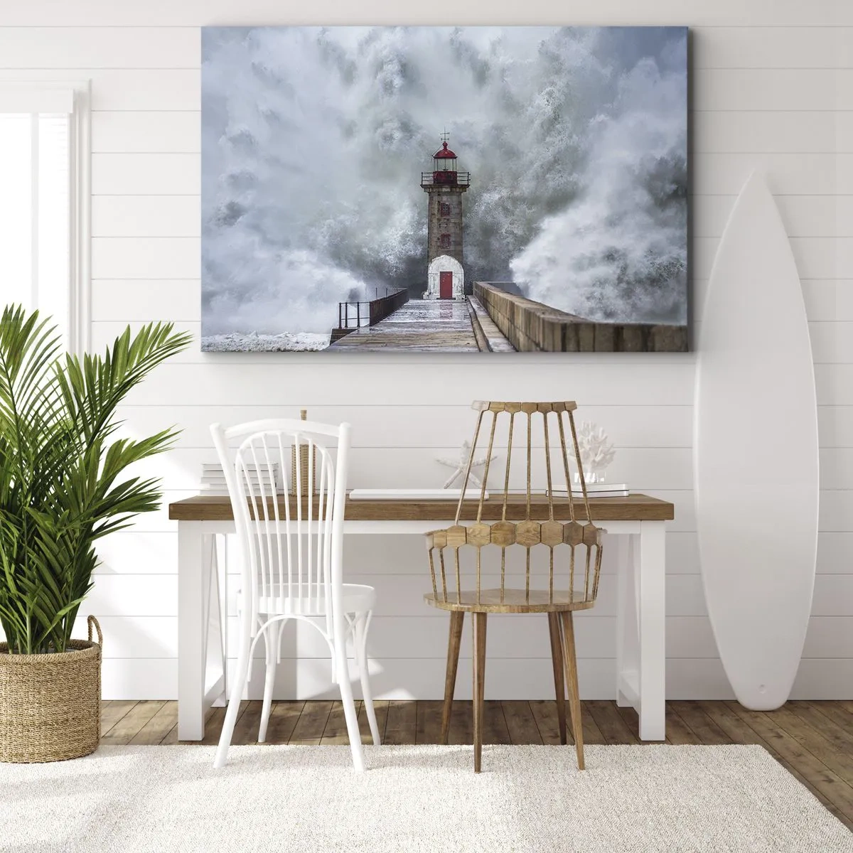 Obraz na płótnie - Latarnia morska w otoczeniu wzburzonych fal - 70x50cm - Ryk wód, szum zawiei - Nowoczesna dekoracja ścienna do salonu i sypialni ARTTOR