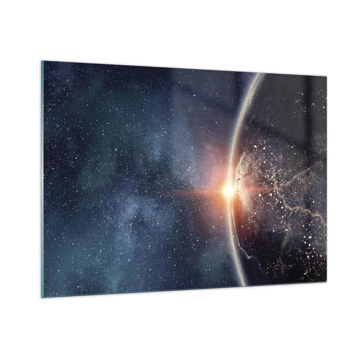 Obraz na szkle - Ziemia oświetlona promieniami słońca w kosmosie - 100x70cm - W nowej perspektywie - Nowoczesna dekoracja ścienna do salonu, kuchni i sypialni ARTTOR