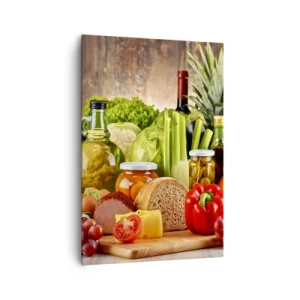 Obraz na płótnie - Kolorowe owoce, warzywa i produkty spożywcze - 70x100cm - Wędzone, pieczone, marynowane - Nowoczesna dekoracja ścienna do salonu i sypialni ARTTOR