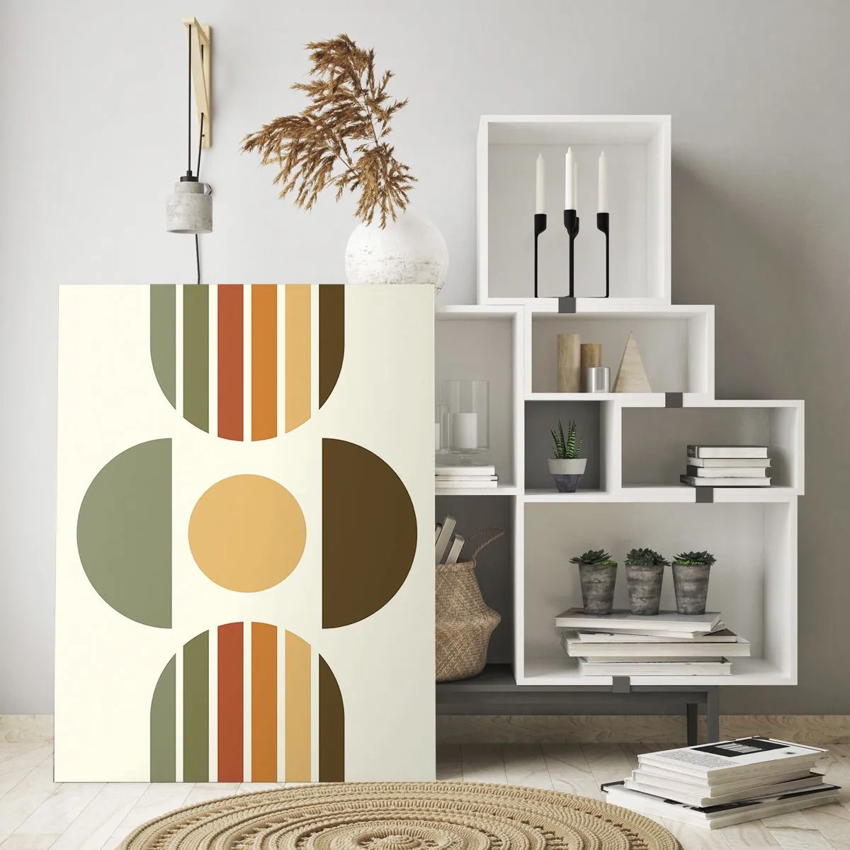 Obraz na szkle - Geometryczna kompozycja z półokręgami i paskami w odcieniach ziemi - 80x120cm - W kolorach ziemi - Nowoczesna dekoracja ścienna do salonu i sypialni ARTTOR