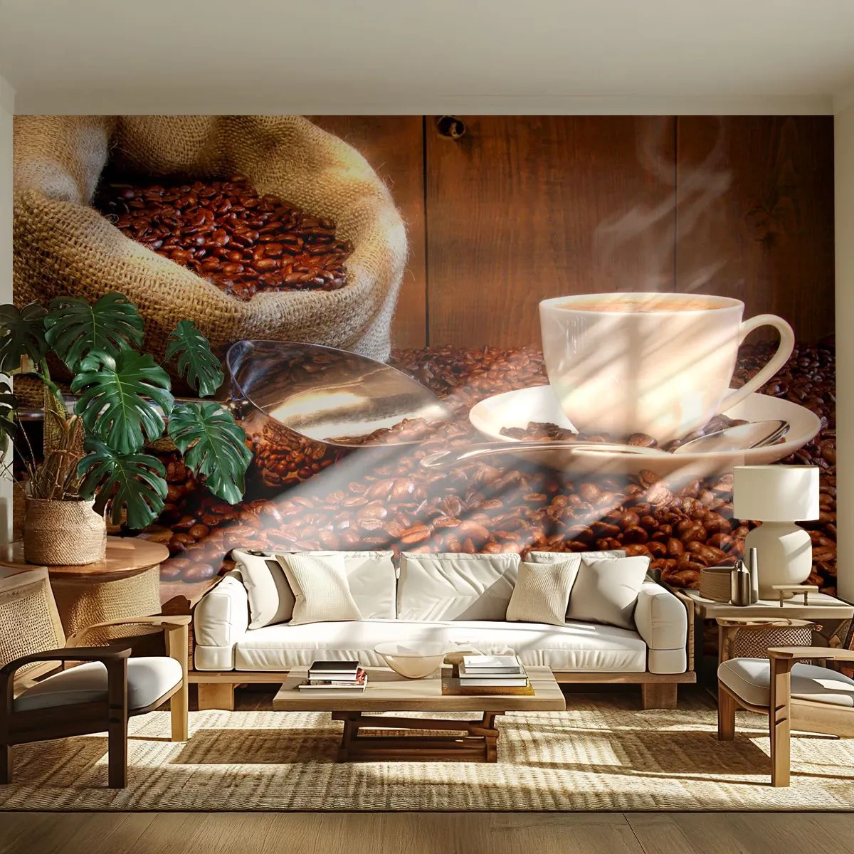 Fototapeta Premium Sand - Filiżanka kawy na tle ziaren i worka jutowego - 100x70cm - Czujesz ten zapach? - Nowoczesna dekoracja ścienna do salonu, kuchni i sypialni ARTTOR