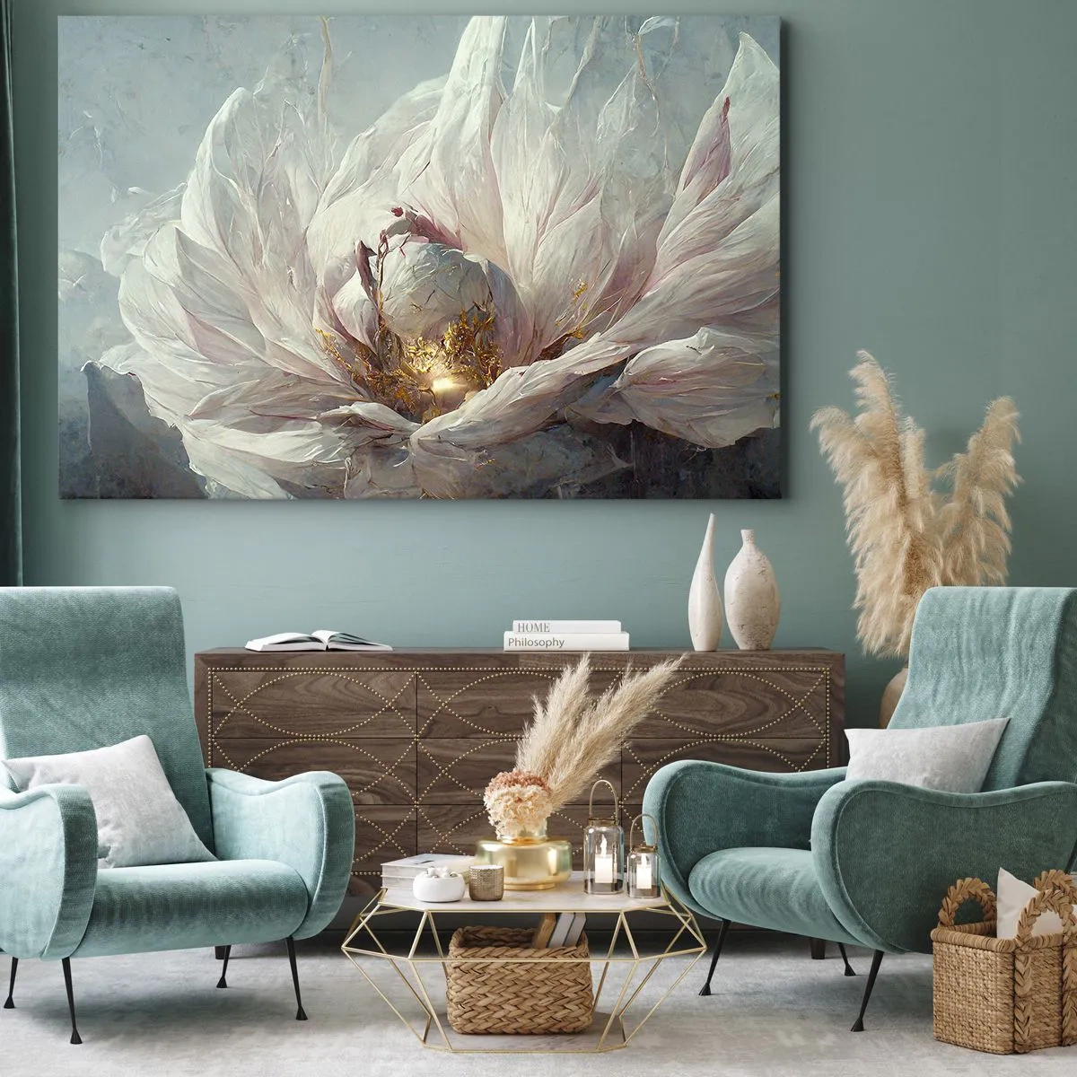 Obraz na płótnie - Delikatny biały kwiat z subtelnymi złotymi akcentami - 70x50cm - Rozkwita raz na sto lat - Nowoczesna dekoracja ścienna do salonu i sypialni ARTTOR