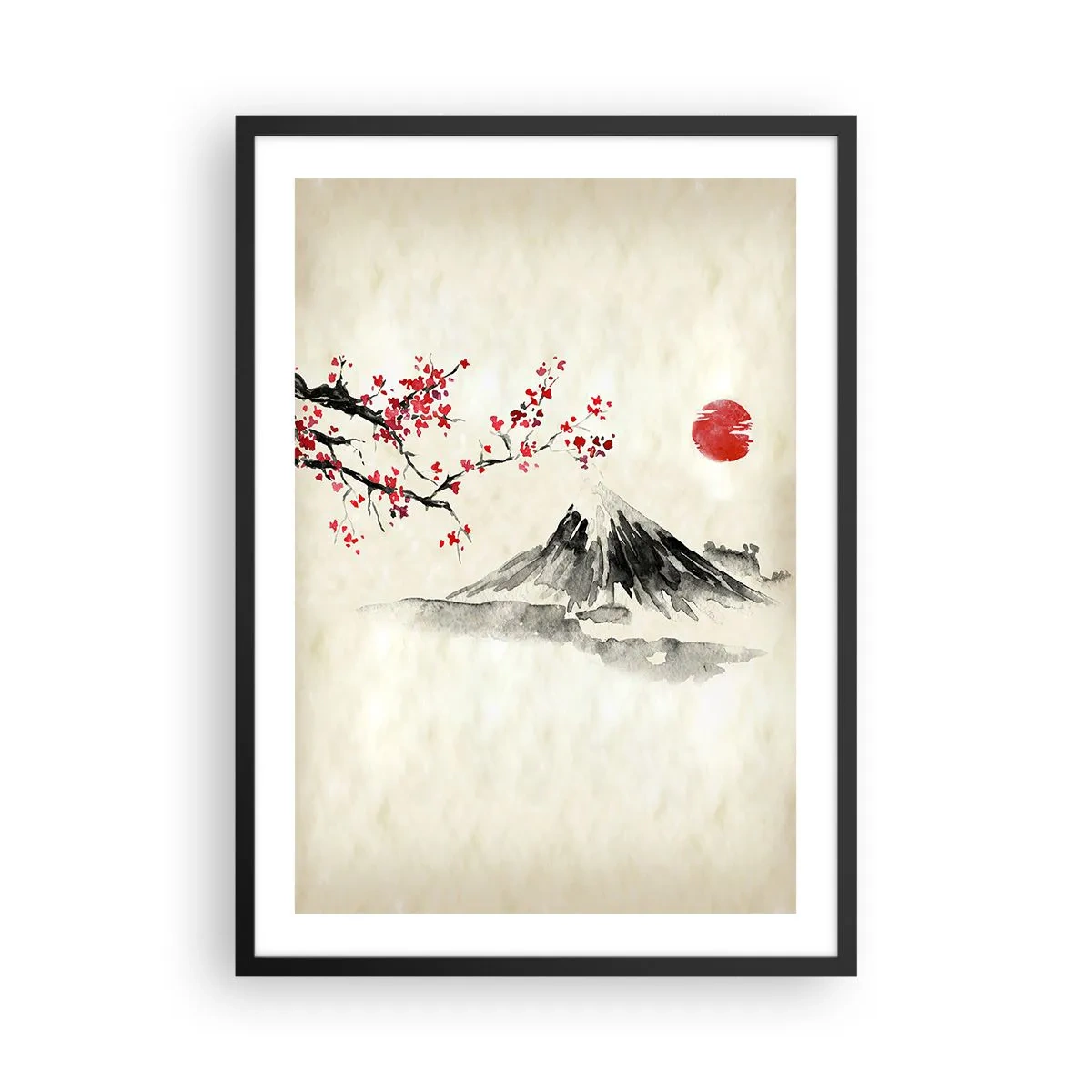 Plakat w czarnej ramie - Góra z kwitnącą gałęzią wiśni i czerwonym słońcem - 50x70cm - Pokochaj Japonię - Nowoczesna dekoracja ścienna do salonu i sypialni ARTTOR