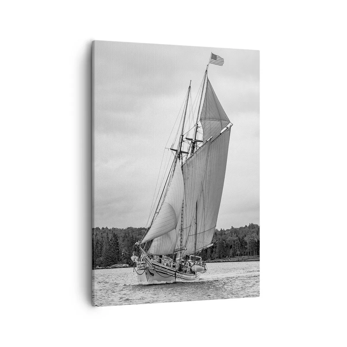 Obraz na płótnie - Czarno-biały żaglowiec na wodzie z amerykańską flagą - 50x70cm - Bracia wiatru - Nowoczesna dekoracja ścienna do salonu, kuchni i sypialni ARTTOR