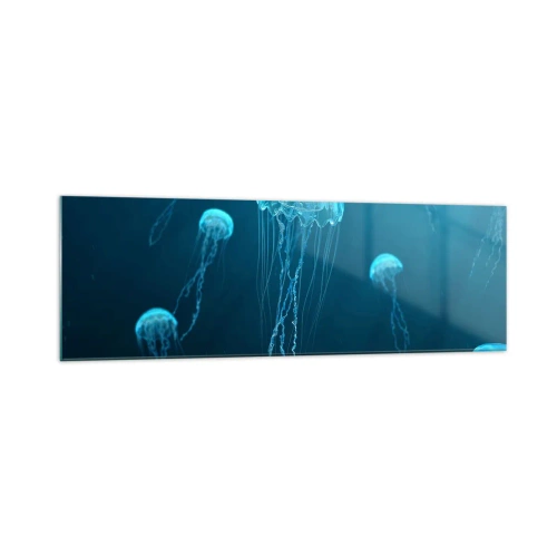 Obraz na szkle - Meduzy unoszące się w głębinach oceanu w niebieskiej tonacji - 160x50cm - Oceaniczny taniec - Nowoczesna dekoracja ścienna do salonu i sypialni ARTTOR