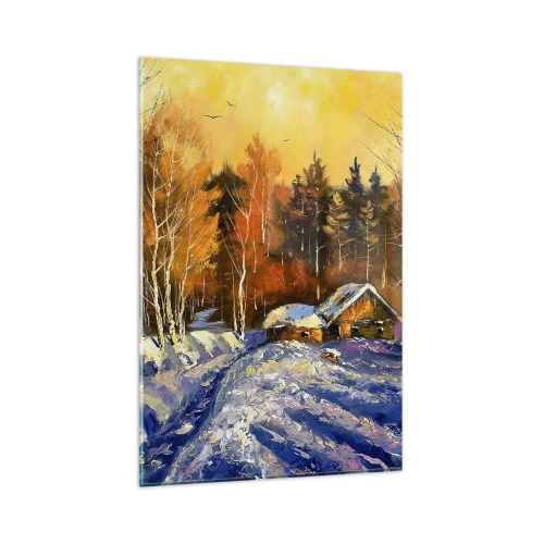 Obraz na szkle - Zimowy krajobraz z domem w świetle zachodzącego słońca - 80x120cm - Zimowa impresja w słońcu - Nowoczesna dekoracja ścienna do salonu i sypialni ARTTOR