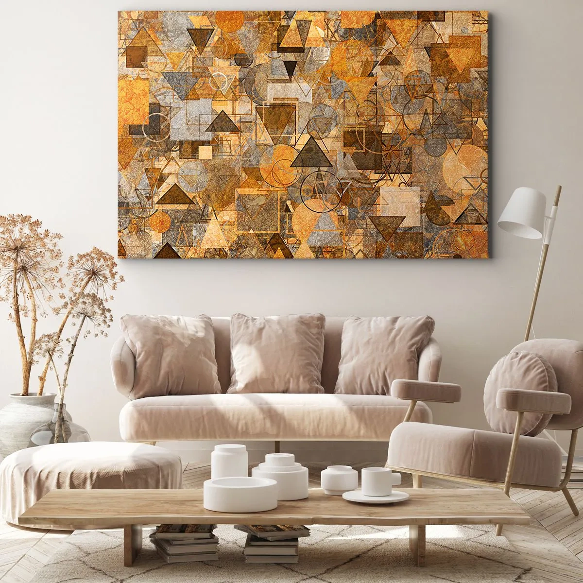 Obraz na płótnie - Abstrakcyjne geometryczne wzory w odcieniach złota - 100x70cm - Świat ujęty w formę - Nowoczesna dekoracja ścienna do salonu, kuchni i sypialni ARTTOR