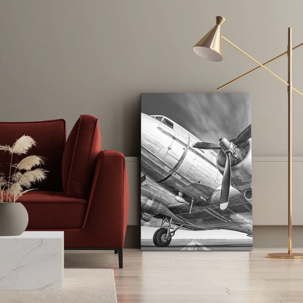 Obraz na płótnie - Czarno-białe zdjęcie zabytkowego samolotu z bliska - 50x70cm - Zawsze gotowy do lotu - Nowoczesna dekoracja ścienna do salonu, kuchni i sypialni ARTTOR
