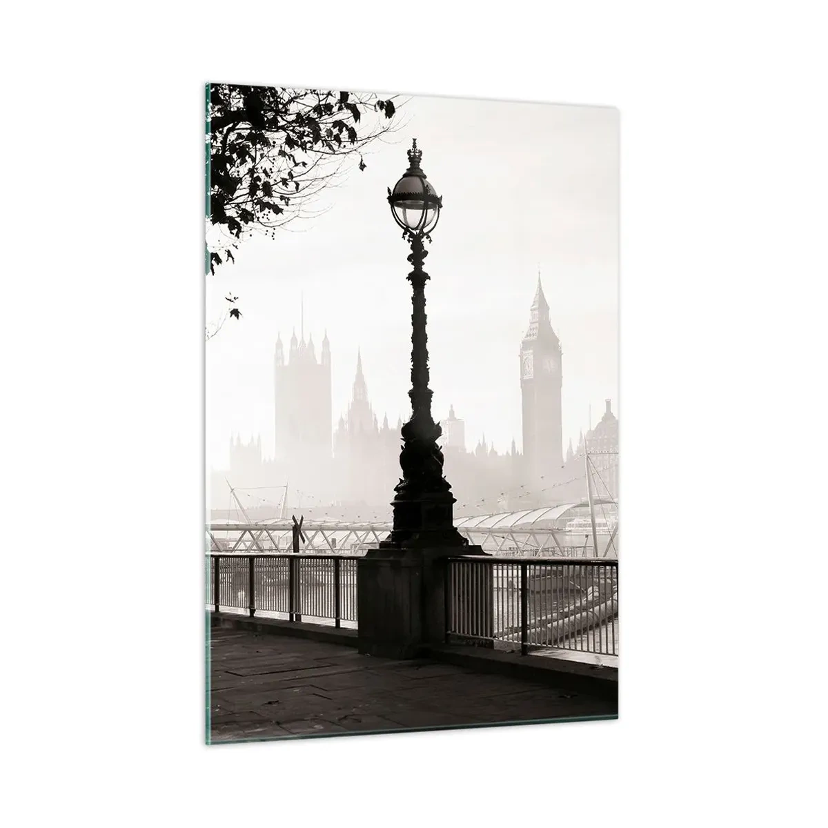 Obraz na szkle - Czarno-biała fotografia londyńskiej promenady z Big Benem - 50x70cm - Londyński poranek - Nowoczesna dekoracja ścienna do salonu, kuchni i sypialni ARTTOR