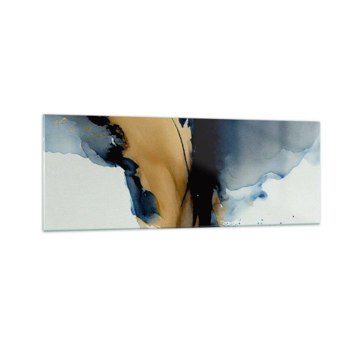 Obraz na szkle - Abstrakcyjna kompozycja w odcieniach granatu i złota - 140x50cm - Za zasłoną - Nowoczesna dekoracja ścienna do salonu i sypialni ARTTOR