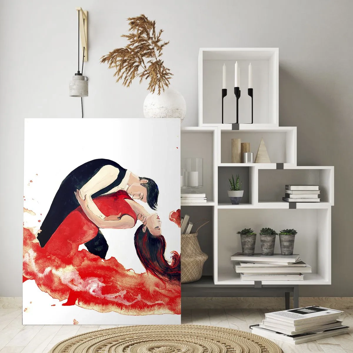 Obraz na szkle - Para w tańcu w dynamicznej, czerwonej kompozycji akwareli - 50x70cm - Tango - zmysłowa fala - Nowoczesna dekoracja ścienna do salonu, kuchni i sypialni ARTTOR