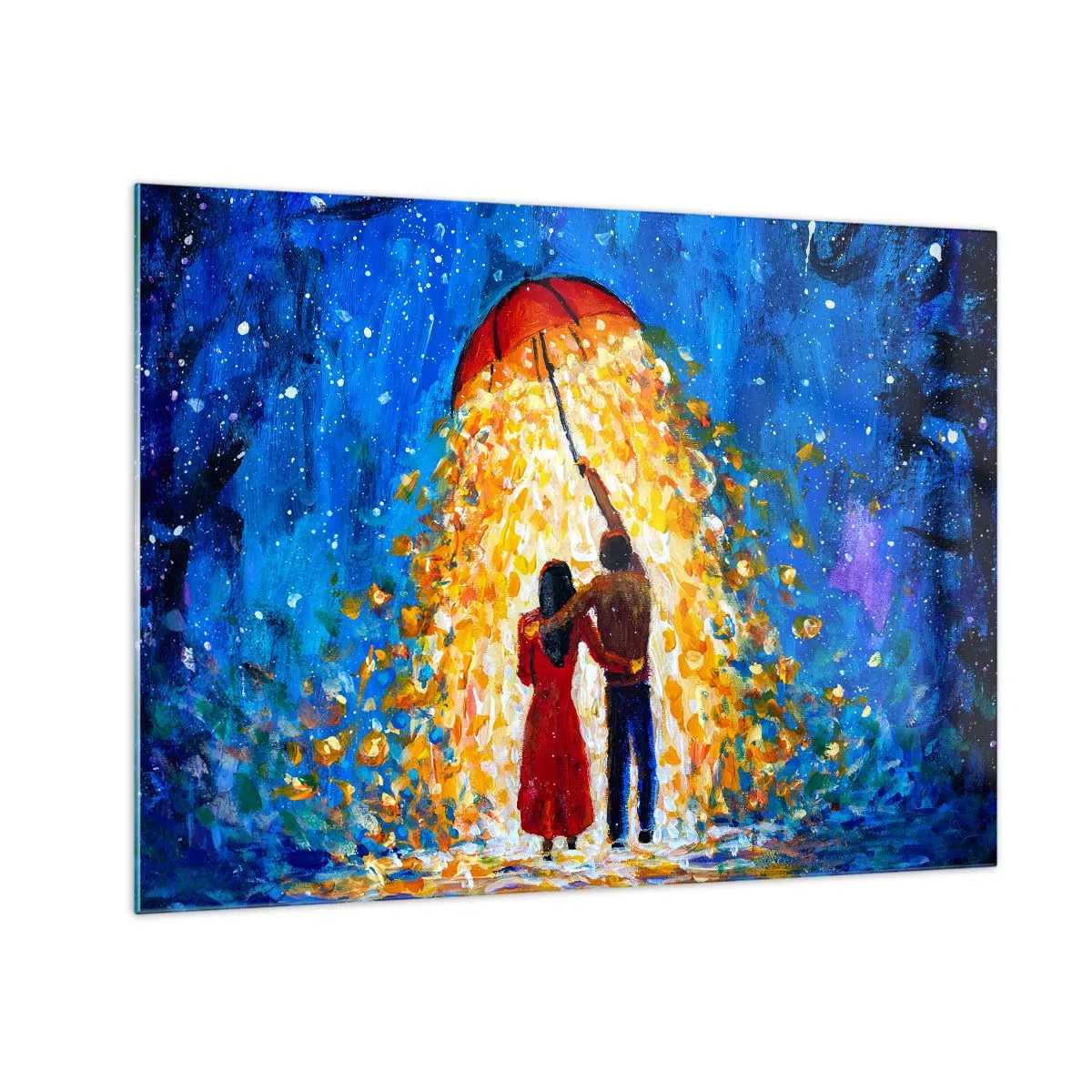 Obraz na szkle - Para pod parasolem otoczona złotym światłem na tle nocy - 70x50cm - Magia deszczowego wieczoru? - Nowoczesna dekoracja ścienna do salonu i sypialni ARTTOR