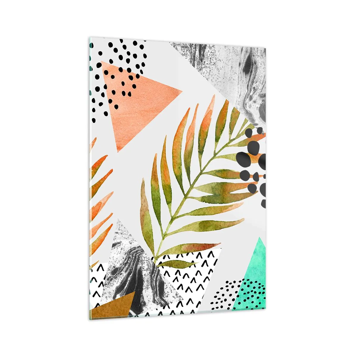 Obraz na szkle - Geometryczne kształty i liście w pastelowych kolorach - 50x70cm - Dekoracja z palmowym liściem - Nowoczesna dekoracja ścienna do salonu, kuchni i sypialni ARTTOR