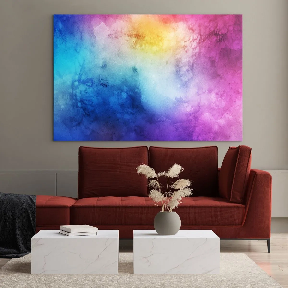 Obraz na szkle - Abstrakcyjna kompozycja w kolorach tęczy z efektem akwareli - 70x50cm - Prawie w siódmym niebie - Nowoczesna dekoracja ścienna do salonu i sypialni ARTTOR