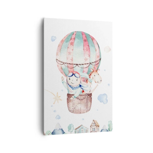 Obraz na płótnie - Urocza akwarela z dzieckiem i konikiem w balonie unoszącym się nad domkami - 80x120cm - Wrócimy wkrótce! - Nowoczesna dekoracja ścienna do salonu i sypialni ARTTOR