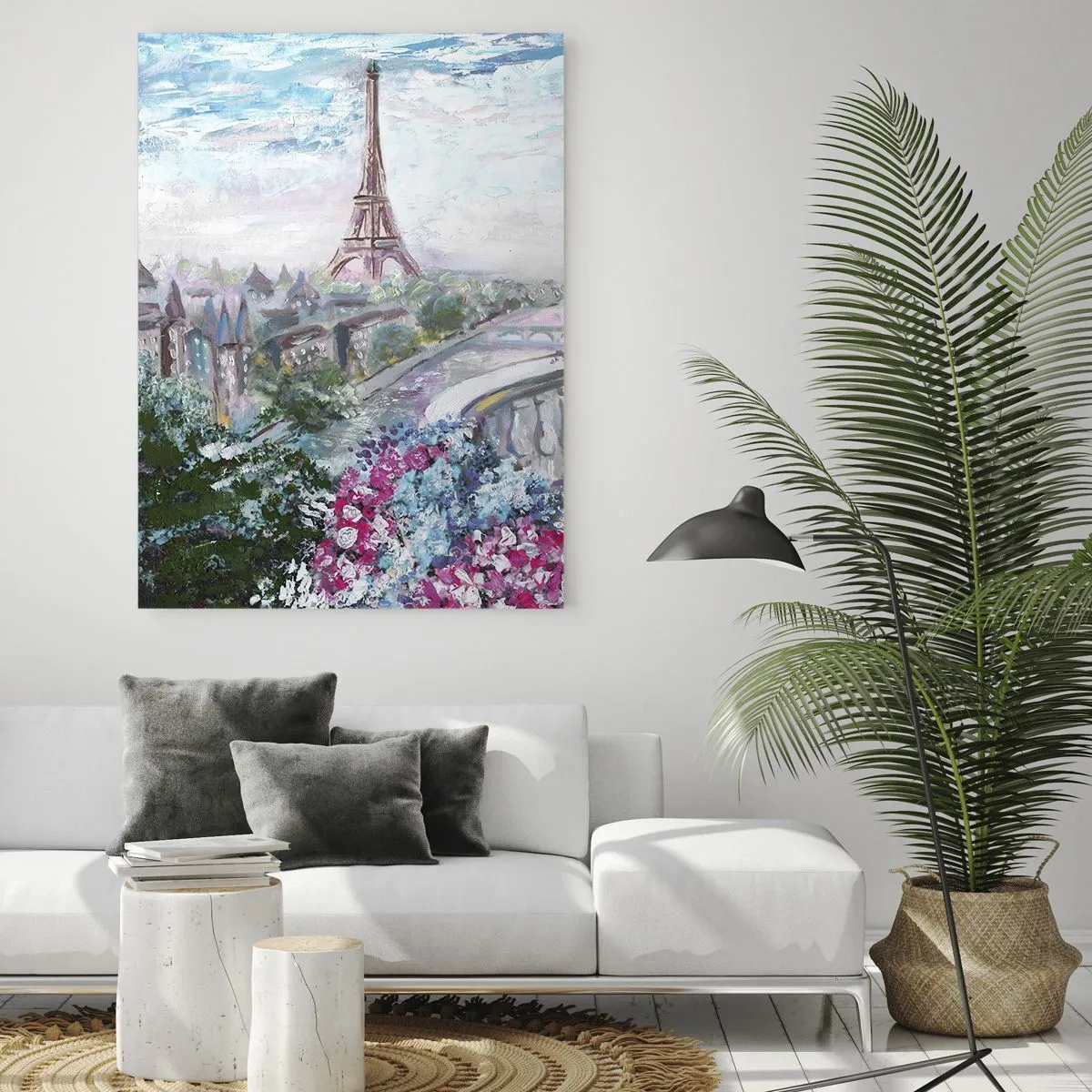 Obraz na szkle - Ilustracja przedstawiająca widok na Wieżę Eiffla z balkonem pełnym kwiatów - 50x70cm - Najpiękniej tu w maju - Nowoczesna dekoracja ścienna do salonu, kuchni i sypialni ARTTOR