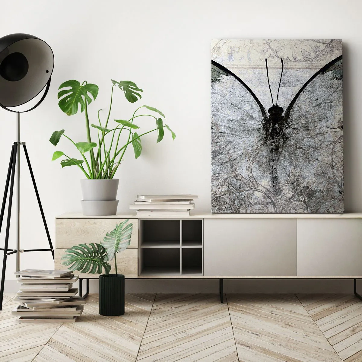 Obraz na płótnie - Delikatny motyl na tle ornamentów w stylu vintage - 50x70cm - W secesyjnym stylu - Nowoczesna dekoracja ścienna do salonu, kuchni i sypialni ARTTOR