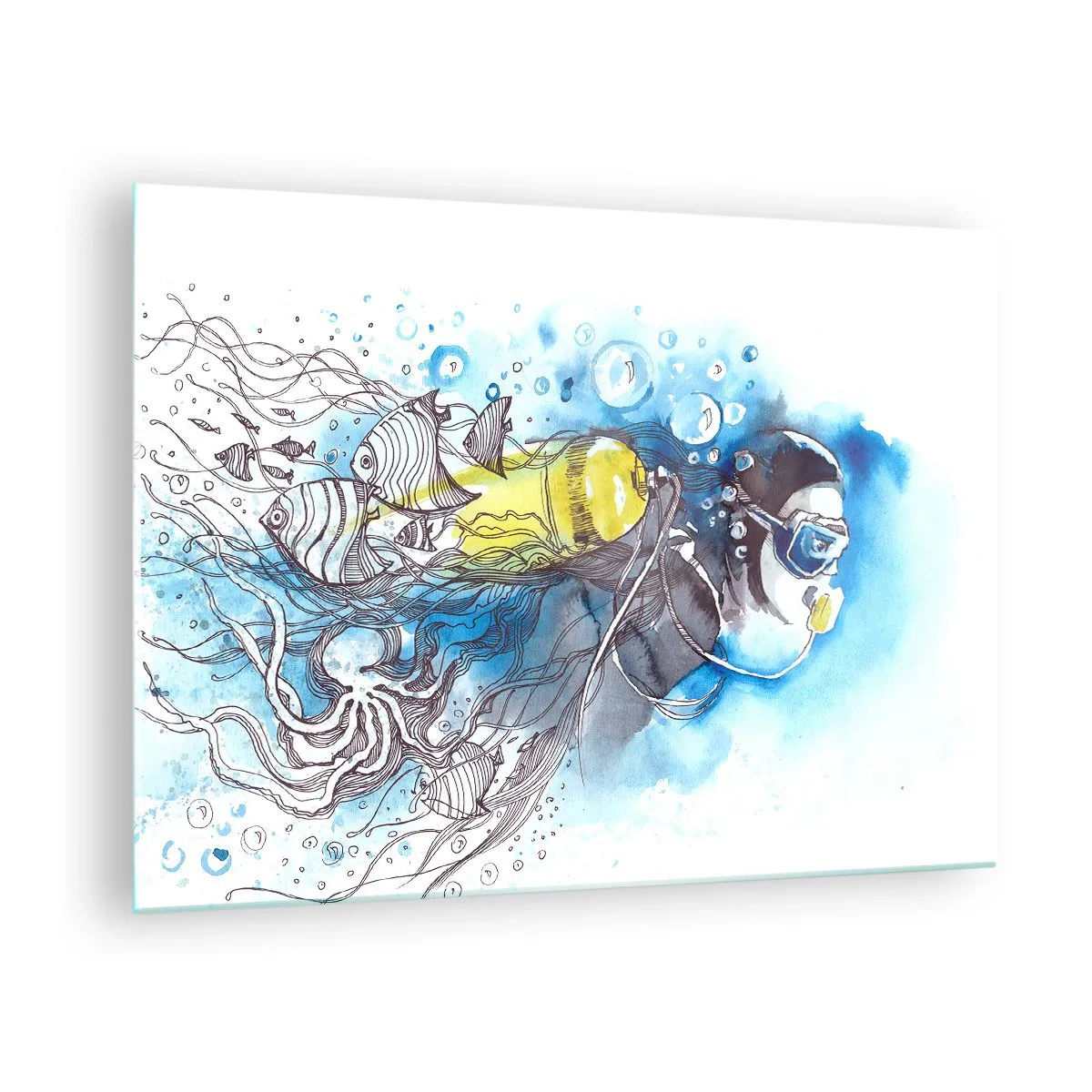 Obraz na szkle - Nurek pod wodą z rybami w artystycznej akwareli - 70x50cm - Wielki błękit - Nowoczesna dekoracja ścienna do salonu i sypialni ARTTOR