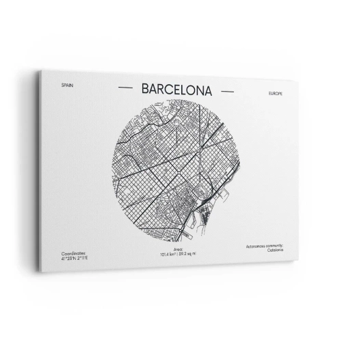 Obraz na płótnie - Mapa Barcelony w minimalistycznym, czarno-białym stylu - 120x80cm - Anatomia Barcelony - Nowoczesna dekoracja ścienna do salonu, kuchni i sypialni ARTTOR