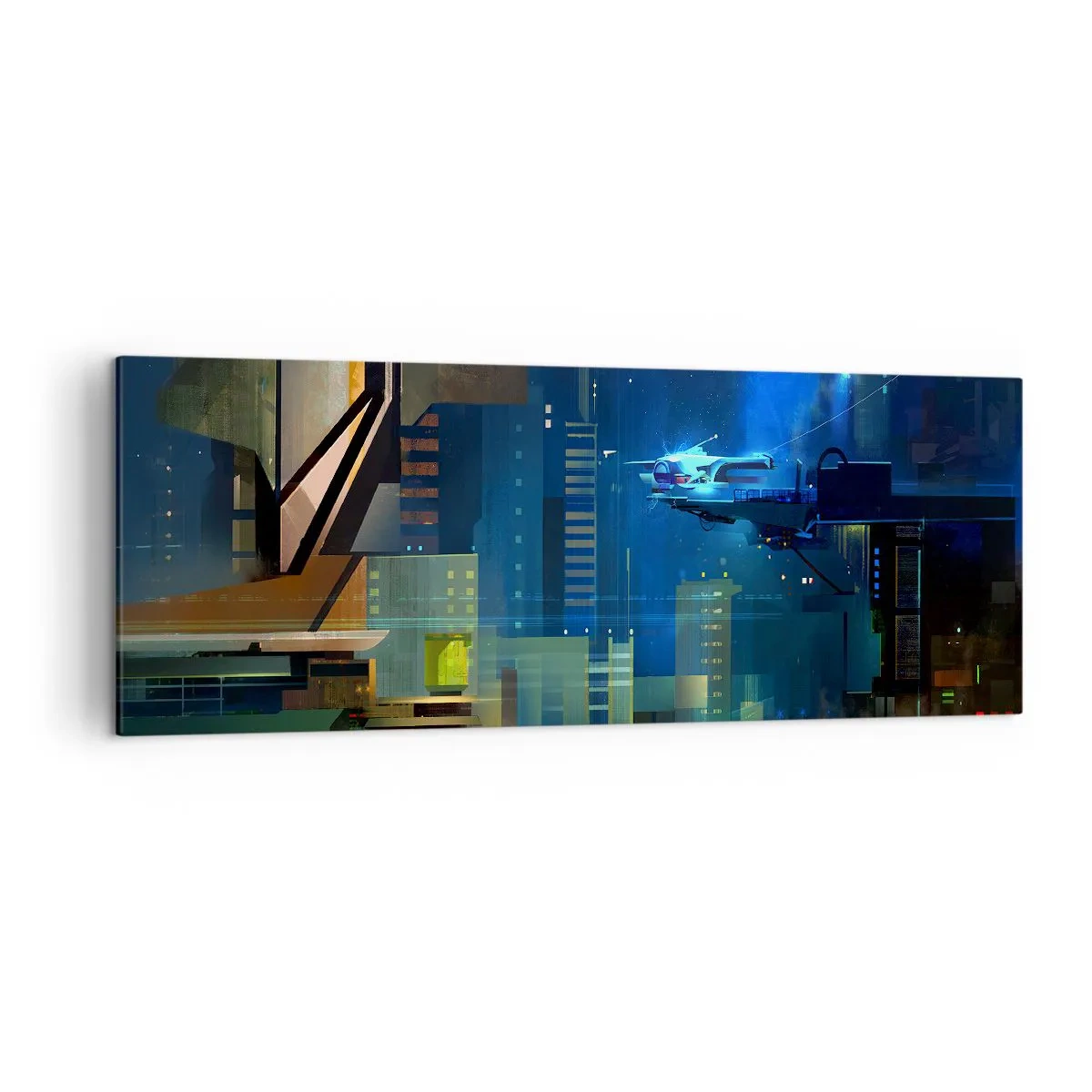 Obraz na płótnie - Futurystyczne miasto nocą z neonami i latającym pojazdem - 140x50cm - W niedalekiej przyszłości - Nowoczesna dekoracja ścienna do salonu i sypialni ARTTOR