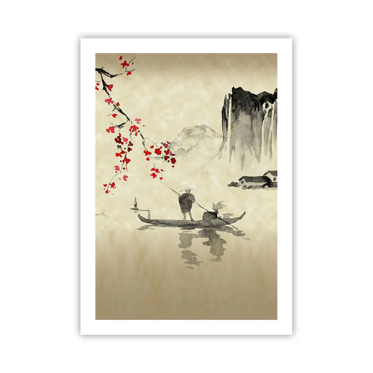 Plakat - Orientalna scena z rybakami na łodzi - 50x70cm - W kraju kwitnącej wiśni - Nowoczesna dekoracja ścienna do salonu, kuchni i sypialni ARTTOR