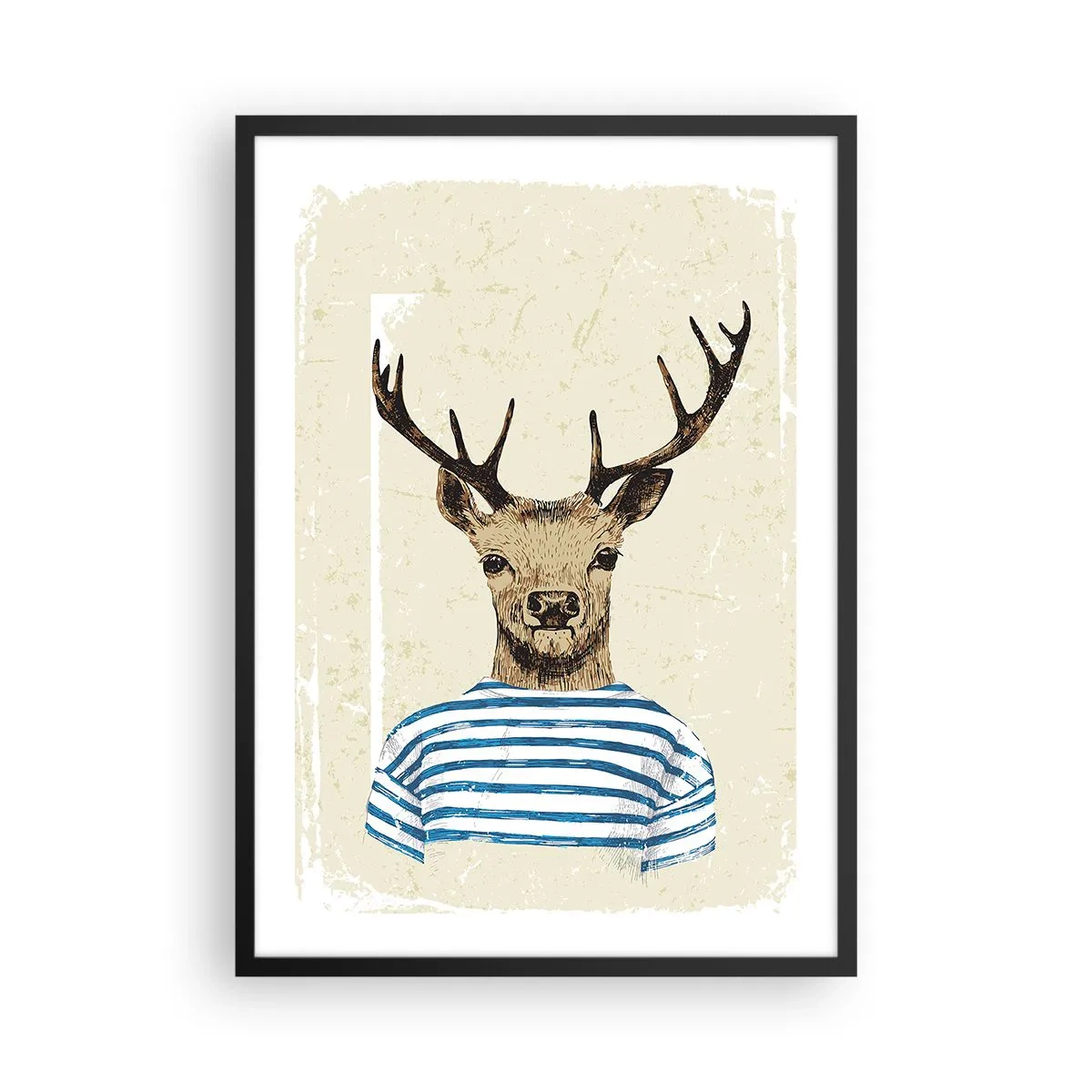 Plakat w czarnej ramie - Grafika jelenia w marynarskim ubraniu - 50x70cm - Bo lubię koszulki w paski! - Nowoczesna dekoracja ścienna do salonu i sypialni ARTTOR