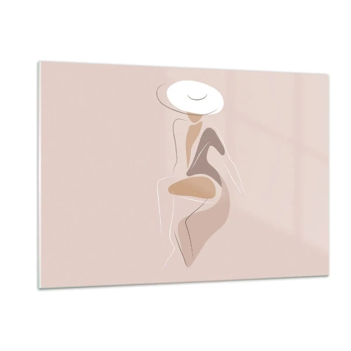 Obraz na szkle - Sylwetka kobiety w kapeluszu na beżowym tle - 120x80cm - Damą być - Nowoczesna dekoracja ścienna do salonu, kuchni i sypialni ARTTOR